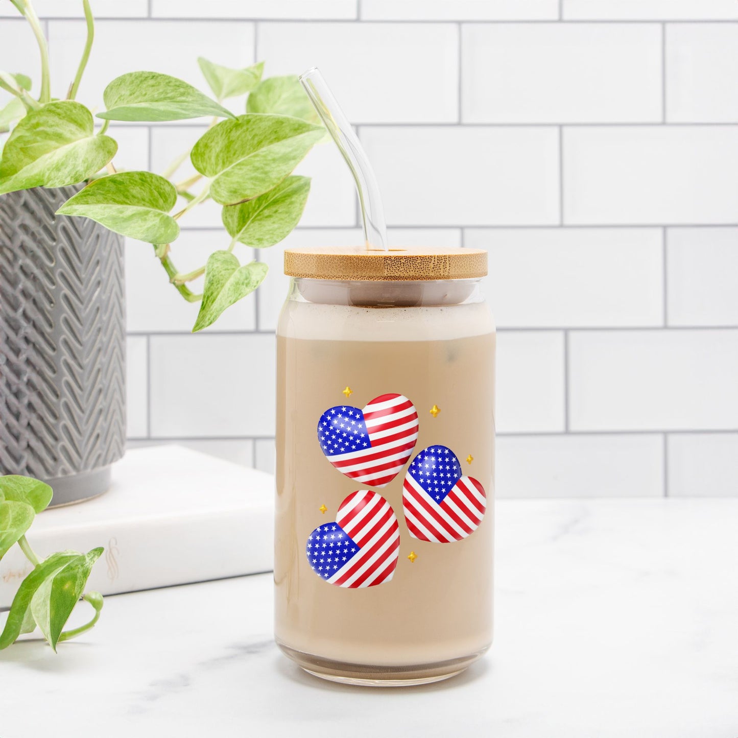 4th of july Glass Tumbler, Summer tumbler, iced coffee glass tumbler,Glass Can 16oz - DiRoMi