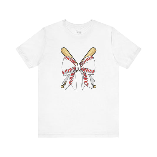 Coquette Soft Baseball Bow Short Sleeve Tee, Sporty Summer Shirt, Perfect Gift for Baseball Lovers, Great for Team Fans, Mother's day, Moms - DiRoMi