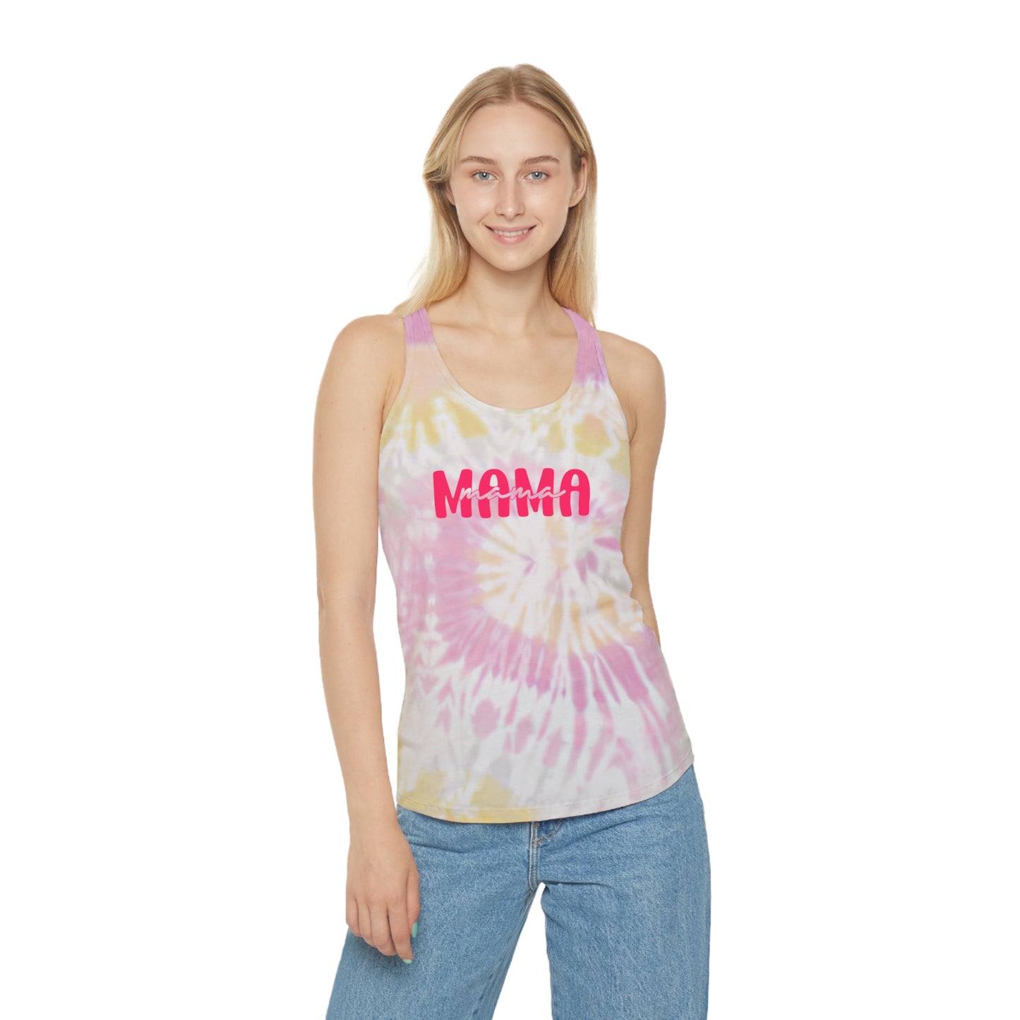 Mama Tie Dye Racerback Tank Top - Fun Summer Top, Gift for Moms, Casual Wear, Festival Style, Beach Vacation Outfit, mother's day - DiRoMi