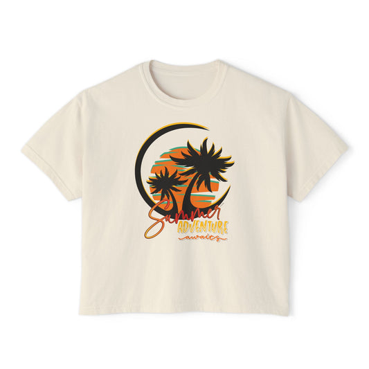 Summer Adventure Boxy Tee, Relaxed Fit Women's Shirt, Boho Chic Top, Casual Beachwear, Gift for Travelers, Vacation Outfit, Teen crop top - DiRoMi