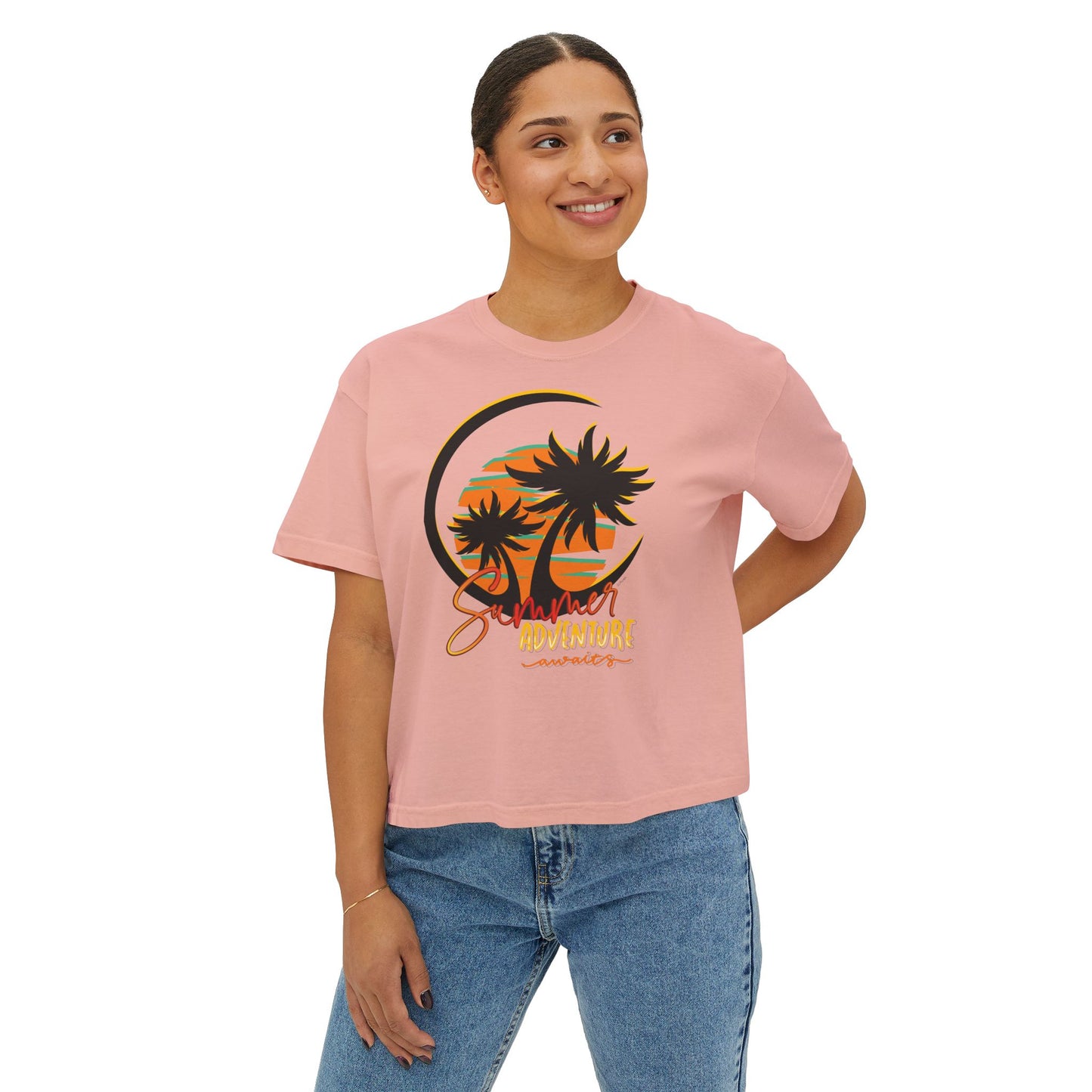 Summer Adventure Boxy Tee, Relaxed Fit Women's Shirt, Boho Chic Top, Casual Beachwear, Gift for Travelers, Vacation Outfit, Teen crop top - DiRoMi