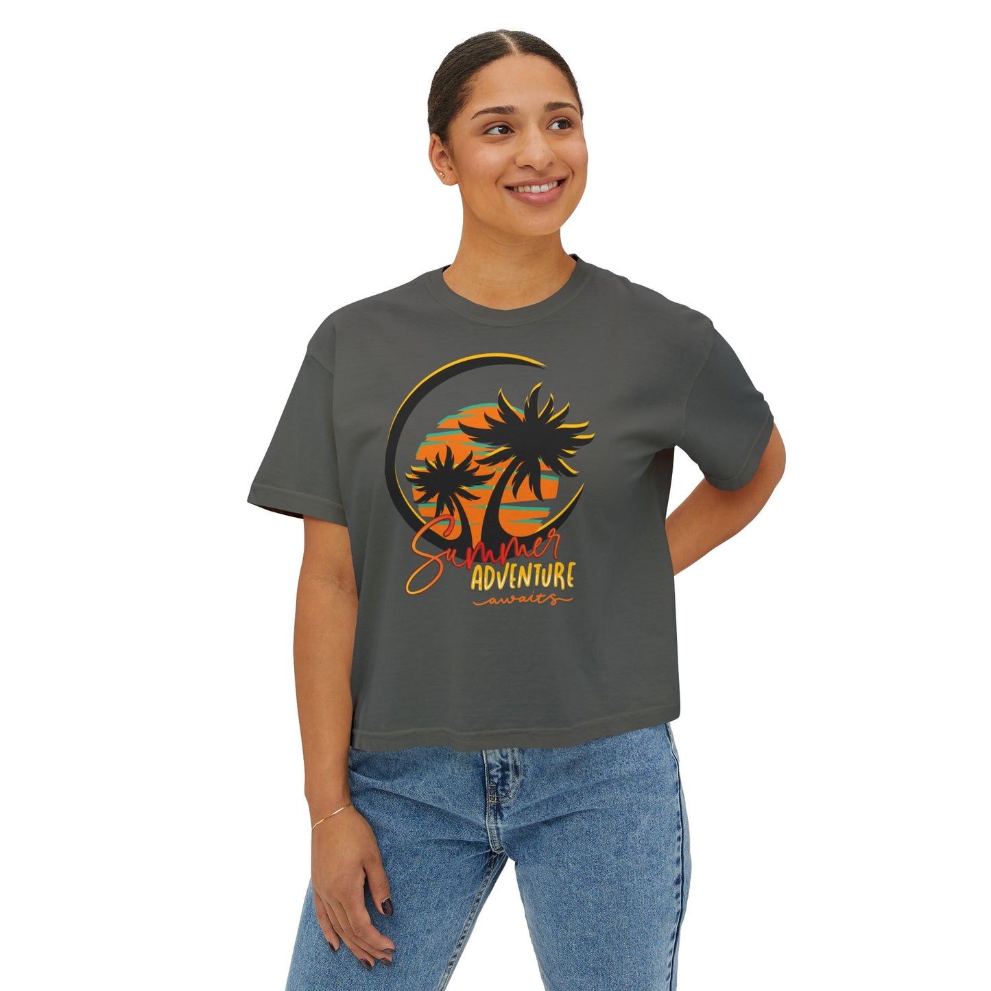 Summer Adventure Boxy Tee, Relaxed Fit Women's Shirt, Boho Chic Top, Casual Beachwear, Gift for Travelers, Vacation Outfit, Teen crop top - DiRoMi