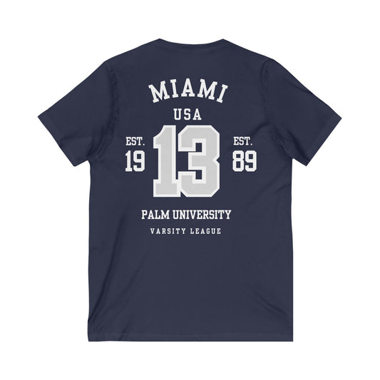 Miami Varsity League V-Neck Tee - Unisex, Sporty Casual Wear for Game Day and Everyday Comfort - DiRoMi