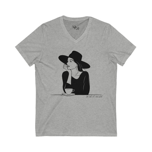 Chic V-Neck Tee - 'Un Caffè, s'il vous plaît!' for Coffee Lovers - DiRoMi