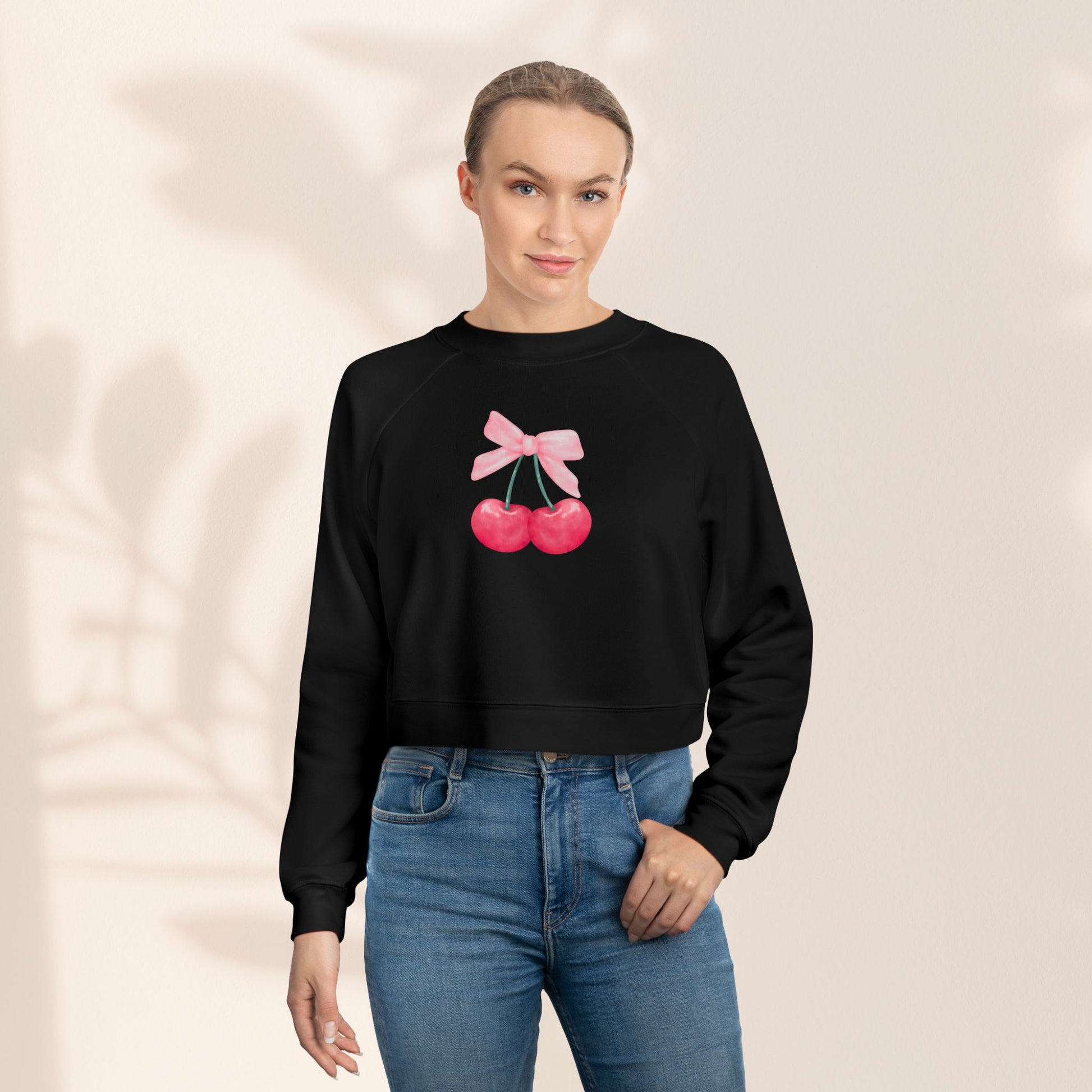 Coquette Cherry Cropped Fleece Pullover, Cute Sweatshirt for Women, Trendy Casual, Spring Fashion, Gifts for Her, Coquette Sweatshirt - DiRoMi