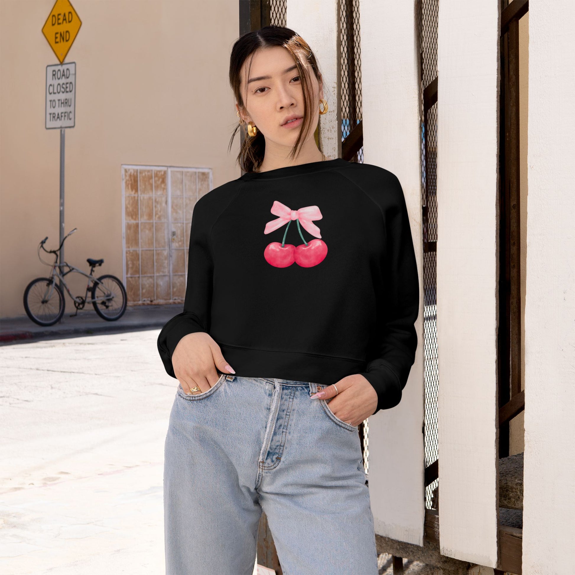 Coquette Cherry Cropped Fleece Pullover, Cute Sweatshirt for Women, Trendy Casual, Spring Fashion, Gifts for Her, Coquette Sweatshirt - DiRoMi