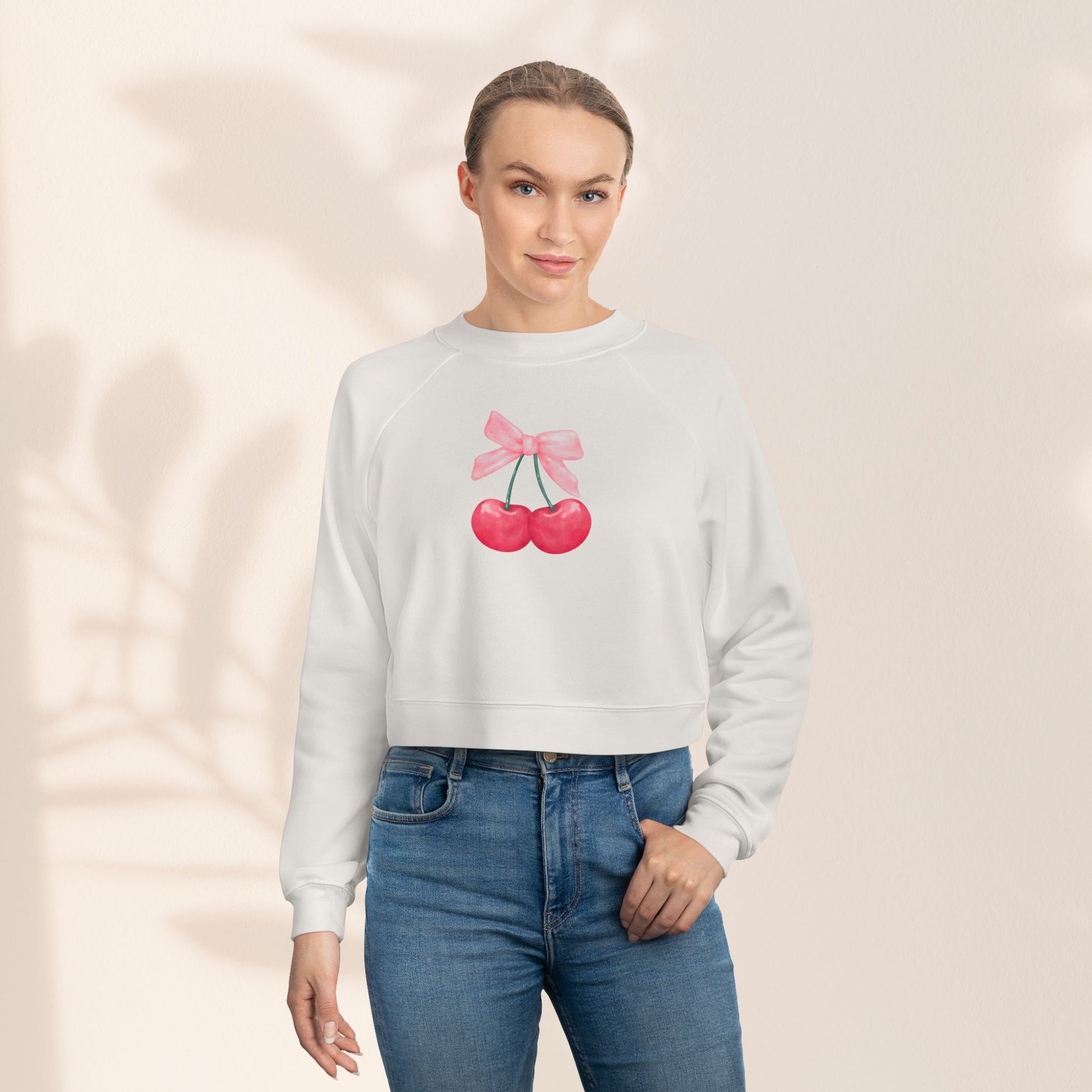 Coquette Cherry Cropped Fleece Pullover, Cute Sweatshirt for Women, Trendy Casual, Spring Fashion, Gifts for Her, Coquette Sweatshirt - DiRoMi