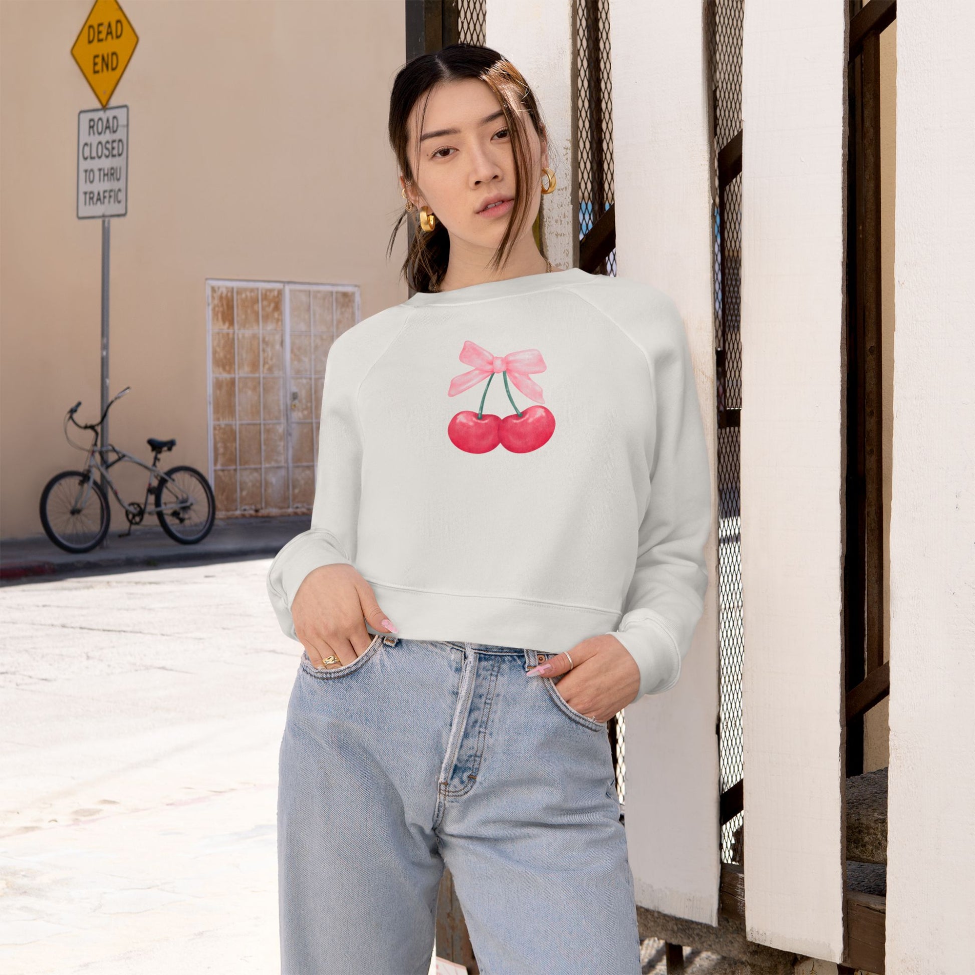 Coquette Cherry Cropped Fleece Pullover, Cute Sweatshirt for Women, Trendy Casual, Spring Fashion, Gifts for Her, Coquette Sweatshirt - DiRoMi