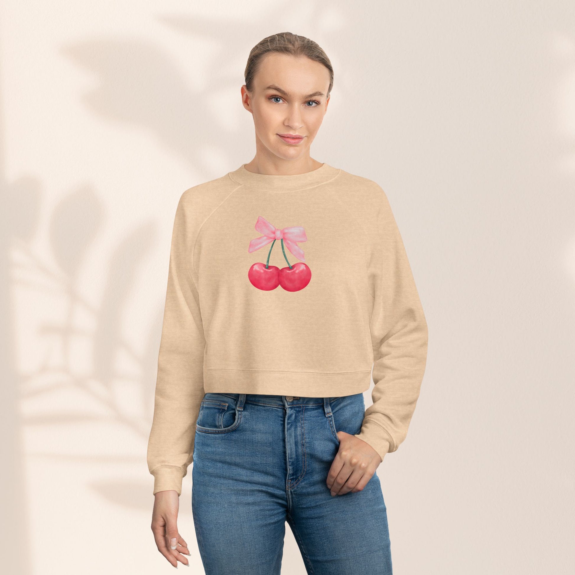 Coquette Cherry Cropped Fleece Pullover, Cute Sweatshirt for Women, Trendy Casual, Spring Fashion, Gifts for Her, Coquette Sweatshirt - DiRoMi