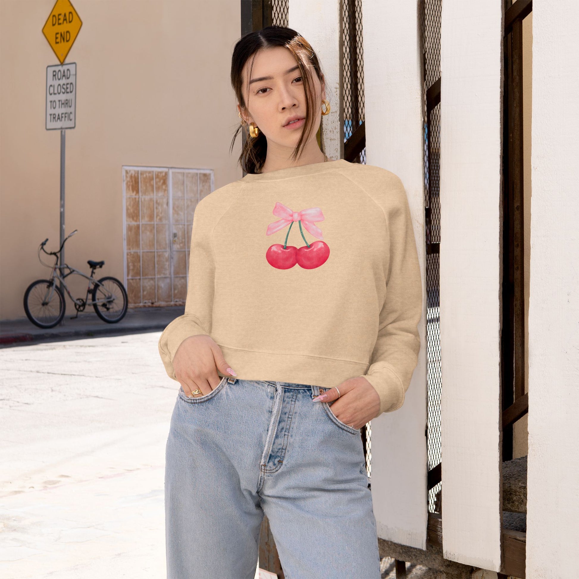 Coquette Cherry Cropped Fleece Pullover, Cute Sweatshirt for Women, Trendy Casual, Spring Fashion, Gifts for Her, Coquette Sweatshirt - DiRoMi
