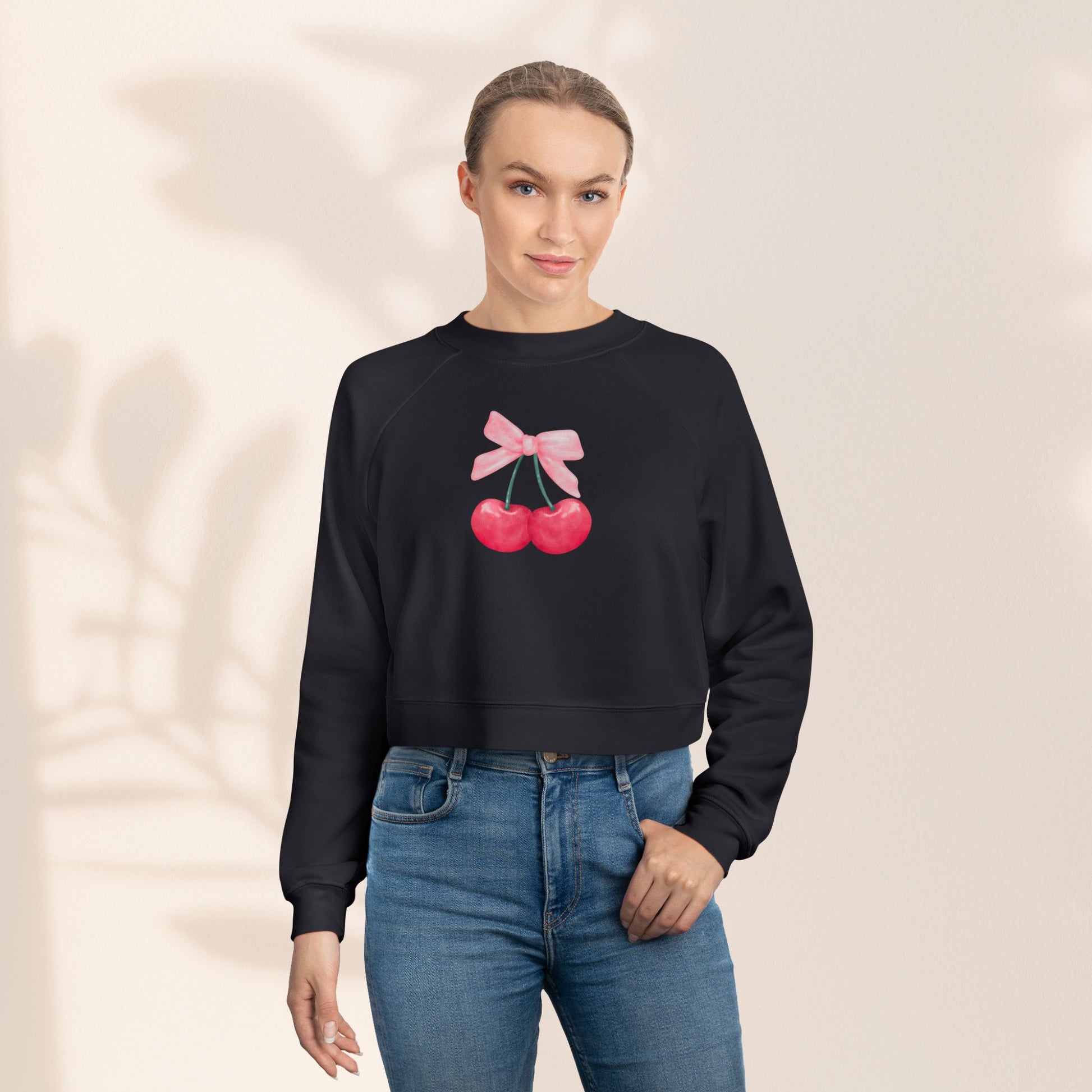 Coquette Cherry Cropped Fleece Pullover, Cute Sweatshirt for Women, Trendy Casual, Spring Fashion, Gifts for Her, Coquette Sweatshirt - DiRoMi