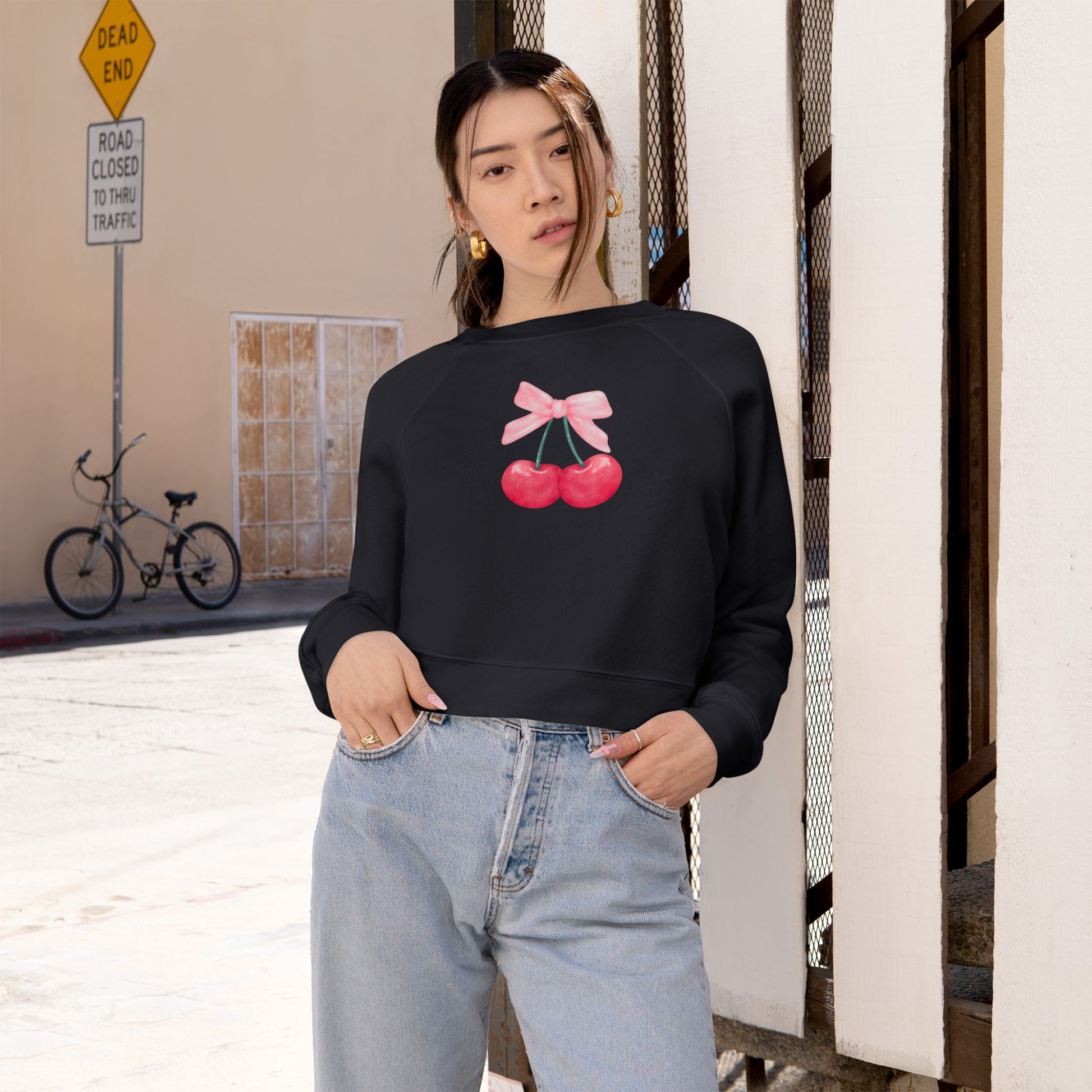 Coquette Cherry Cropped Fleece Pullover, Cute Sweatshirt for Women, Trendy Casual, Spring Fashion, Gifts for Her, Coquette Sweatshirt - DiRoMi