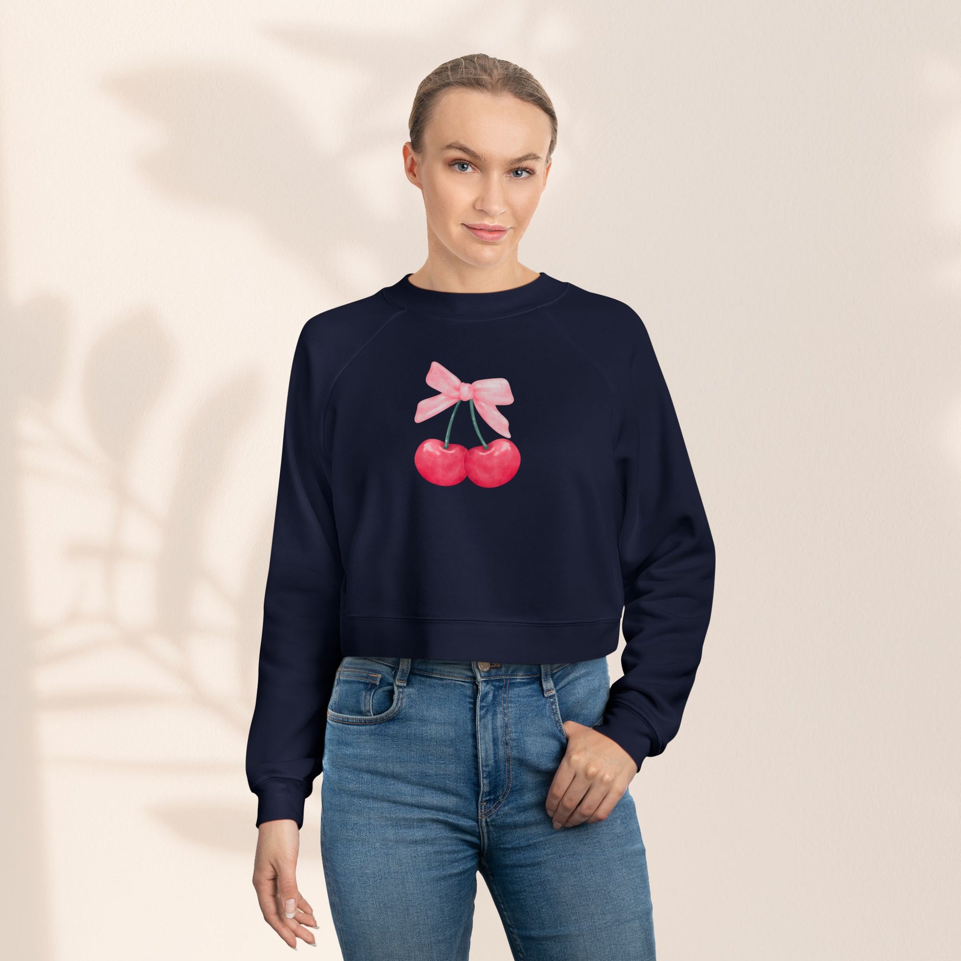 Coquette Cherry Cropped Fleece Pullover, Cute Sweatshirt for Women, Trendy Casual, Spring Fashion, Gifts for Her, Coquette Sweatshirt - DiRoMi