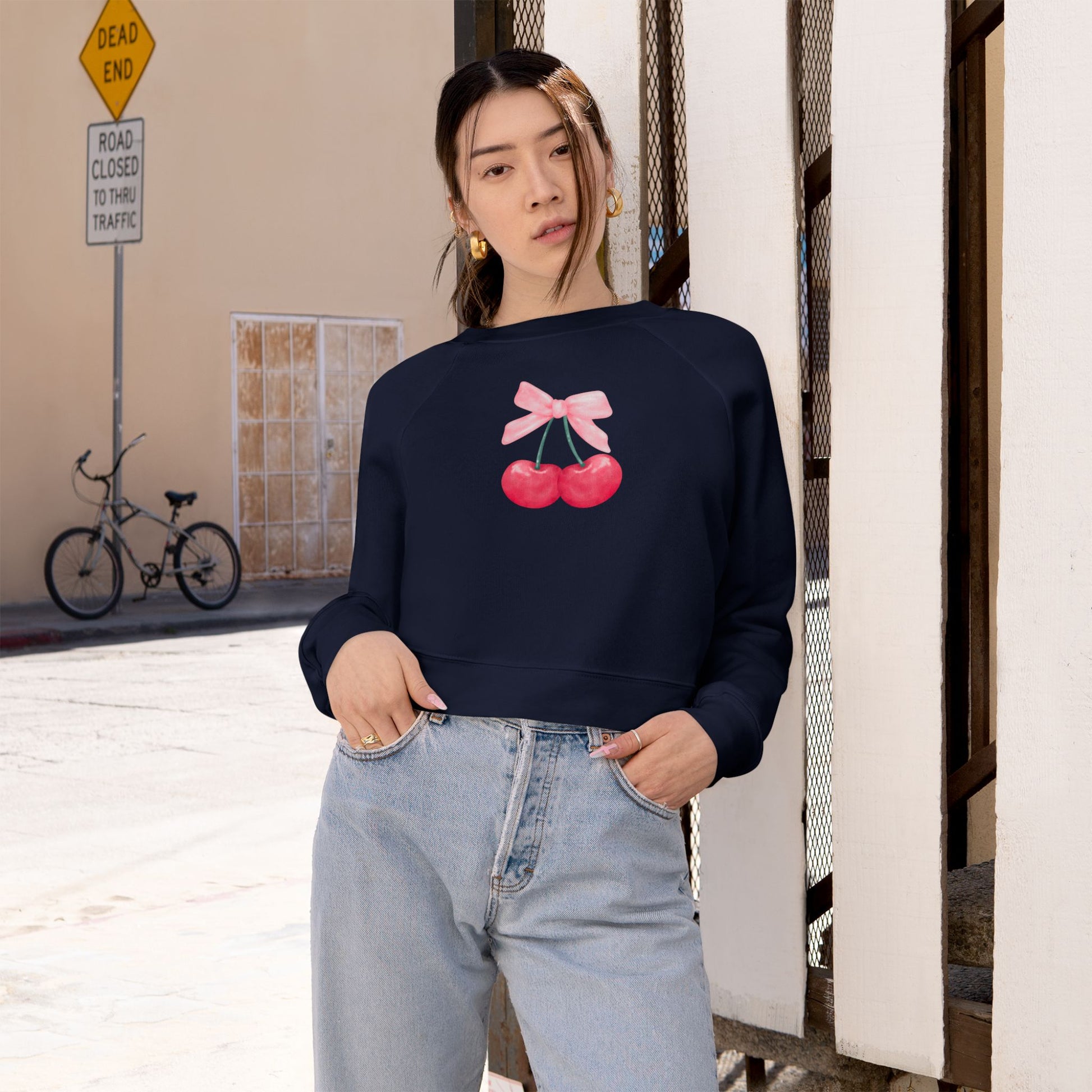 Coquette Cherry Cropped Fleece Pullover, Cute Sweatshirt for Women, Trendy Casual, Spring Fashion, Gifts for Her, Coquette Sweatshirt - DiRoMi