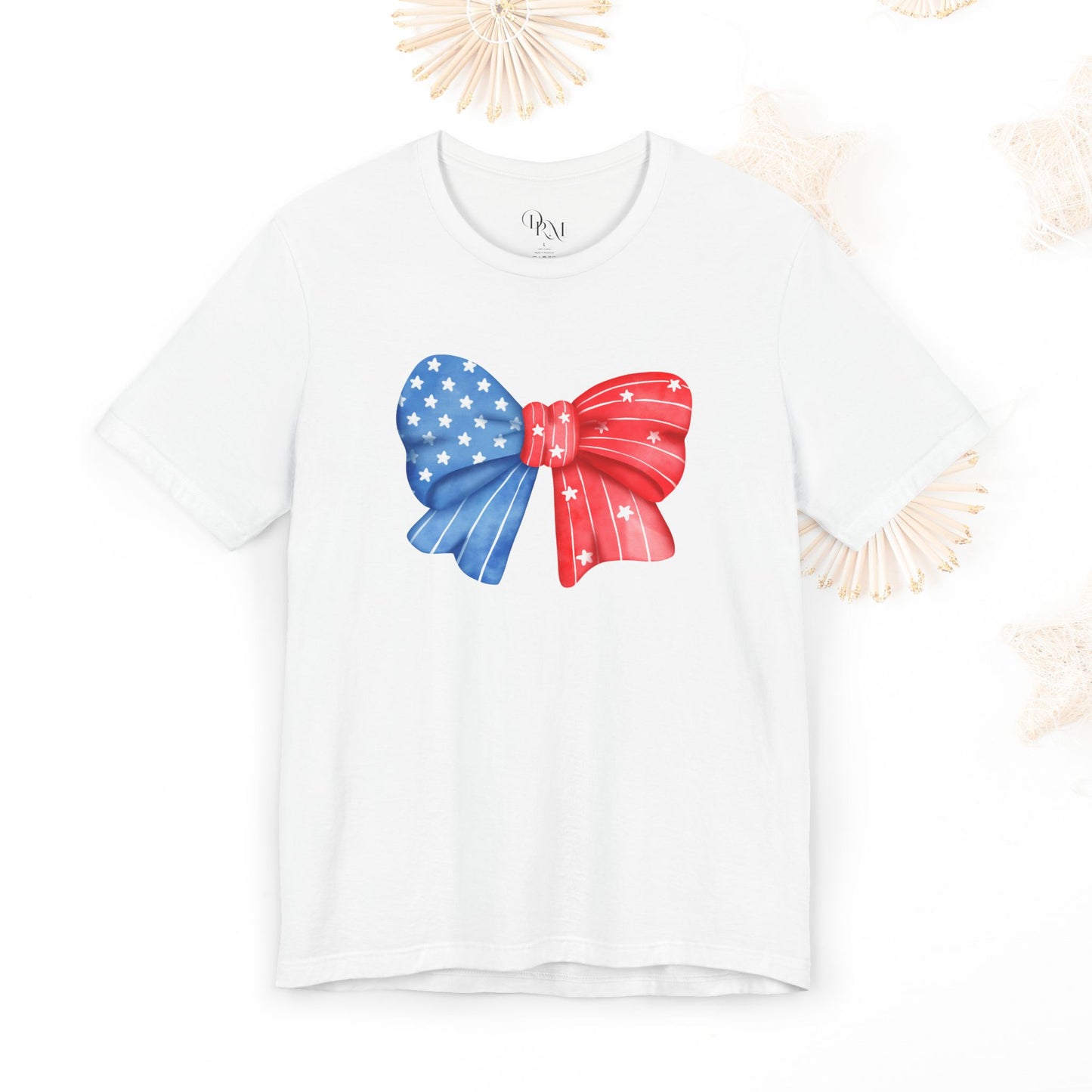 Coquette Patriotic Bow Tee, Fourth of July Shirt, Festival & BBQ Wear, Red, White, and Blue Top, Summer Celebration Outfit - DiRoMi