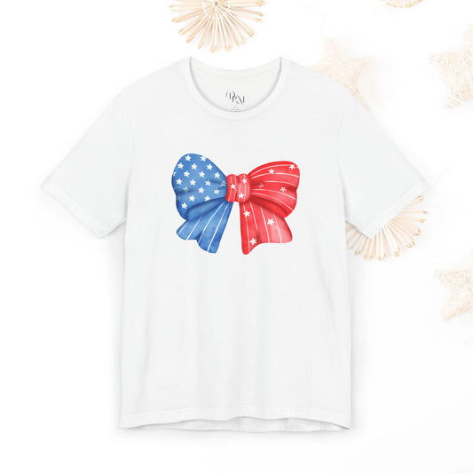Coquette Patriotic Bow Tee, Fourth of July Shirt, Festival & BBQ Wear, Red, White, and Blue Top, Summer Celebration Outfit - DiRoMi