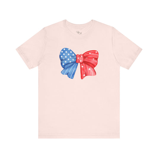 Coquette Patriotic Bow Tee, Fourth of July Shirt, Festival & BBQ Wear, Red, White, and Blue Top, Summer Celebration Outfit - DiRoMi