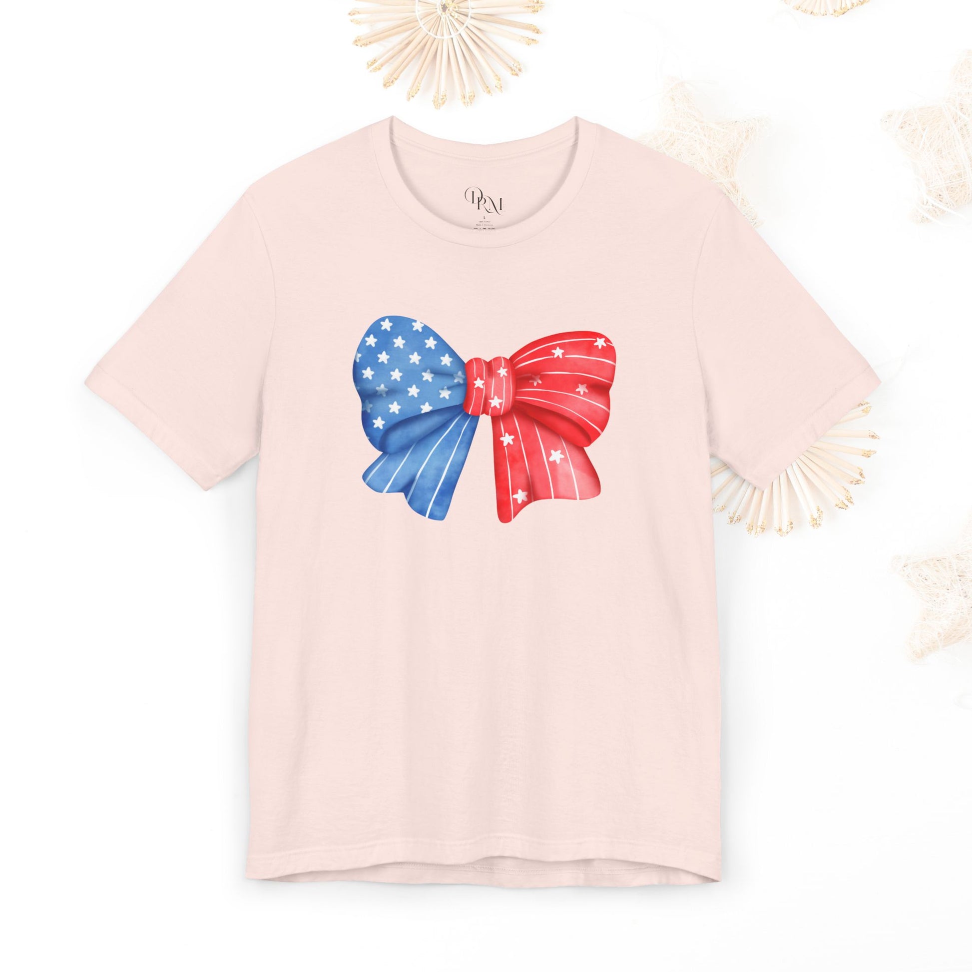 Coquette Patriotic Bow Tee, Fourth of July Shirt, Festival & BBQ Wear, Red, White, and Blue Top, Summer Celebration Outfit - DiRoMi