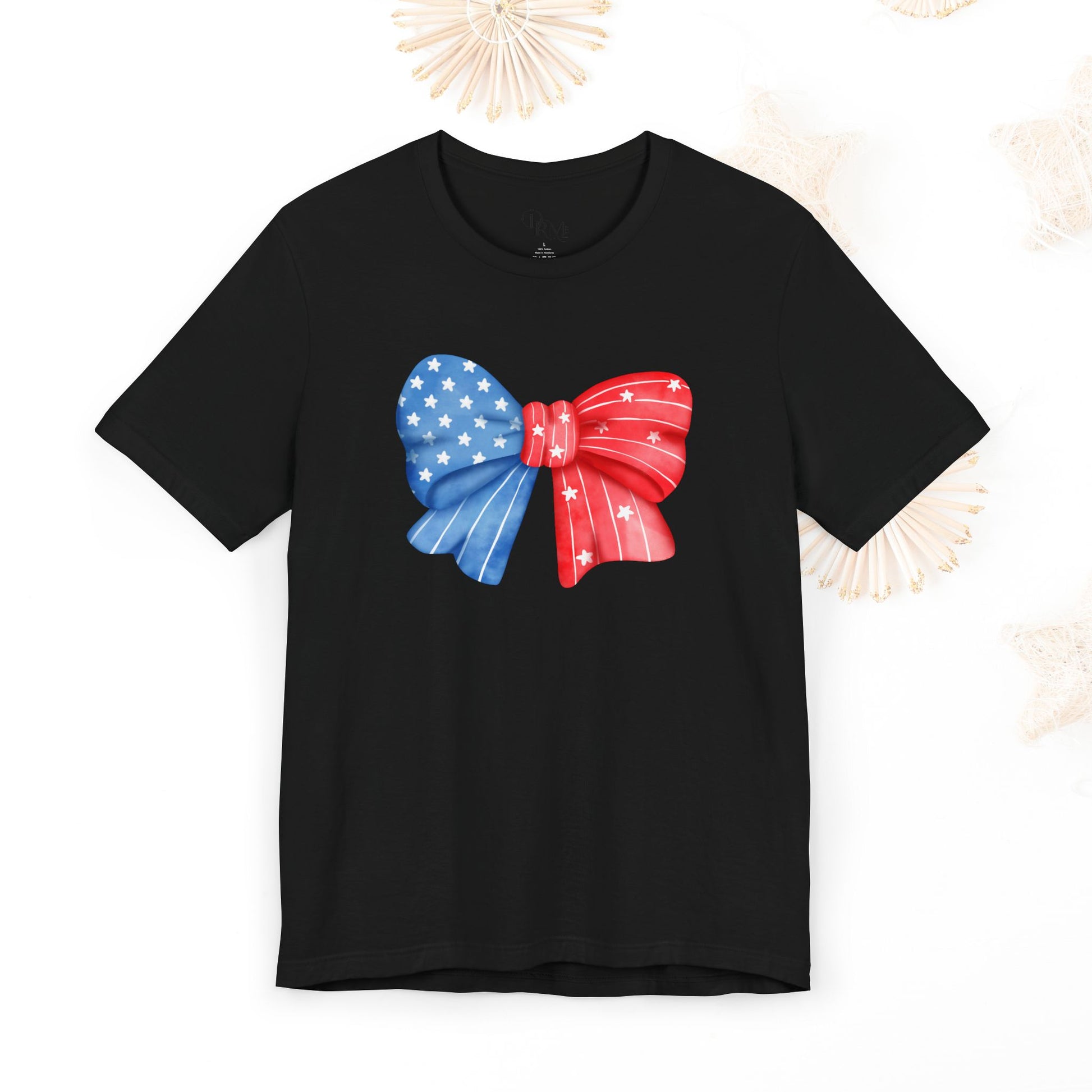 Coquette Patriotic Bow Tee, Fourth of July Shirt, Festival & BBQ Wear, Red, White, and Blue Top, Summer Celebration Outfit - DiRoMi