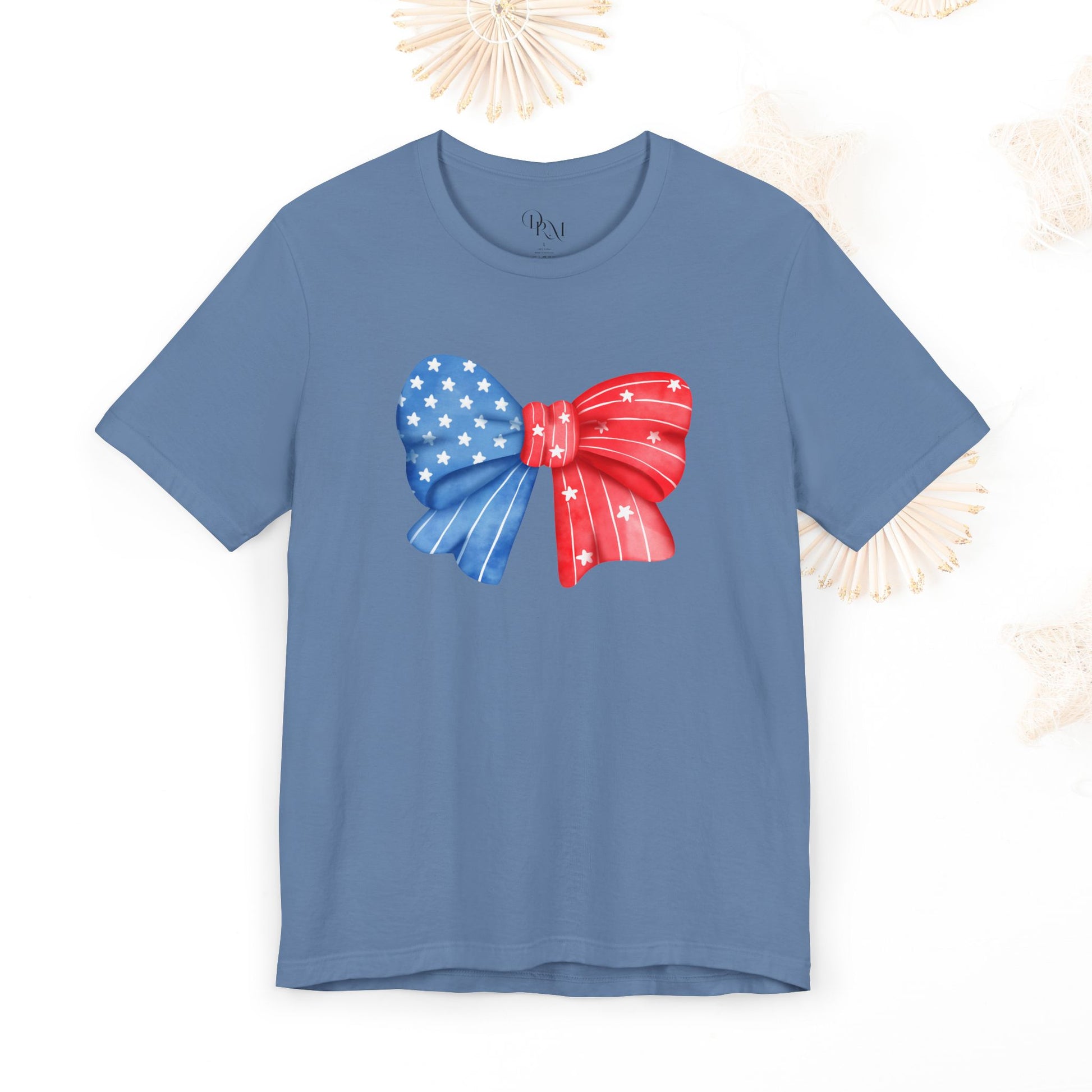 Coquette Patriotic Bow Tee, Fourth of July Shirt, Festival & BBQ Wear, Red, White, and Blue Top, Summer Celebration Outfit - DiRoMi