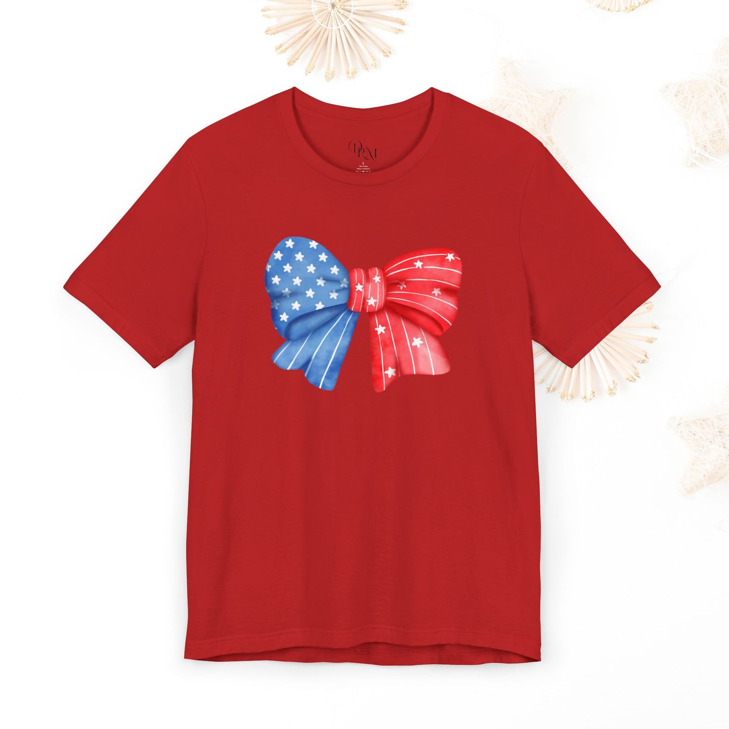 Coquette Patriotic Bow Tee, Fourth of July Shirt, Festival & BBQ Wear, Red, White, and Blue Top, Summer Celebration Outfit - DiRoMi