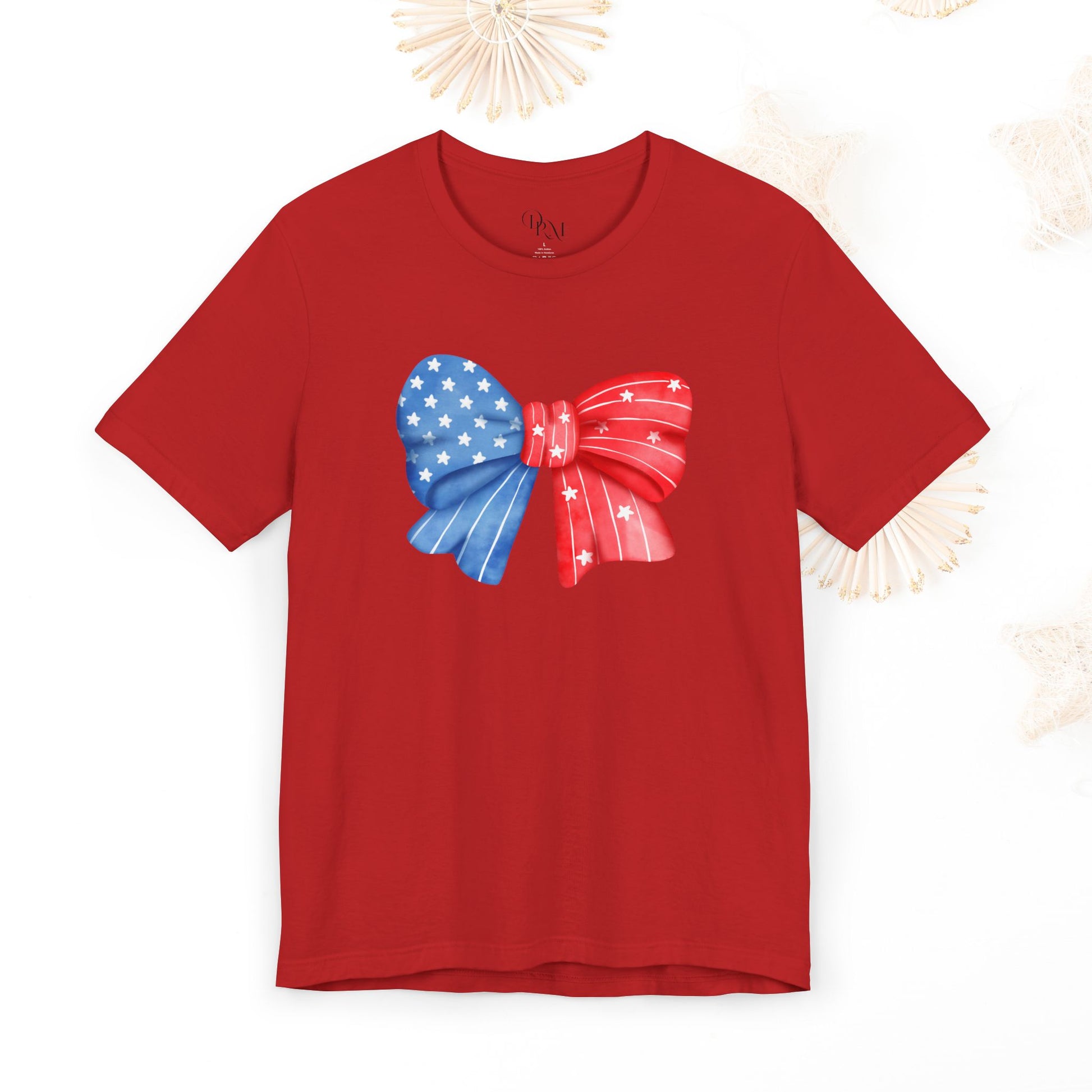 Coquette Patriotic Bow Tee, Fourth of July Shirt, Festival & BBQ Wear, Red, White, and Blue Top, Summer Celebration Outfit - DiRoMi
