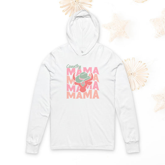 Country Mama Hooded Long Sleeve Tee, Gift for Moms, Casual Outfit, Music Lover Style, Mother's Day Gift, Trendy Fashion, Long sleeve Shirt - DiRoMi