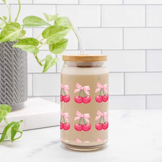 Glass Tumbler, Cherries Glass Tumbler, Gift for her, Glass Can 16oz - DiRoMi