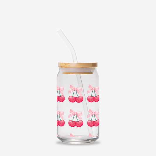 Glass Tumbler, Cherries Glass Tumbler, Gift for her, Glass Can 16oz - DiRoMi