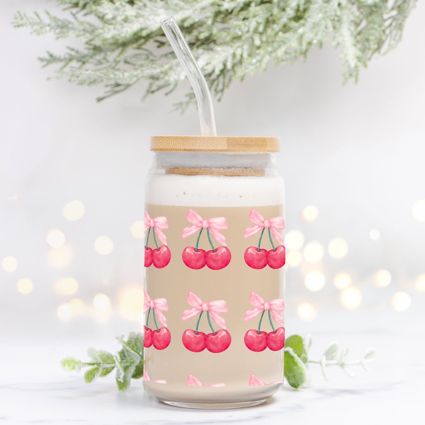 Glass Tumbler, Cherries Glass Tumbler, Gift for her, Glass Can 16oz - DiRoMi