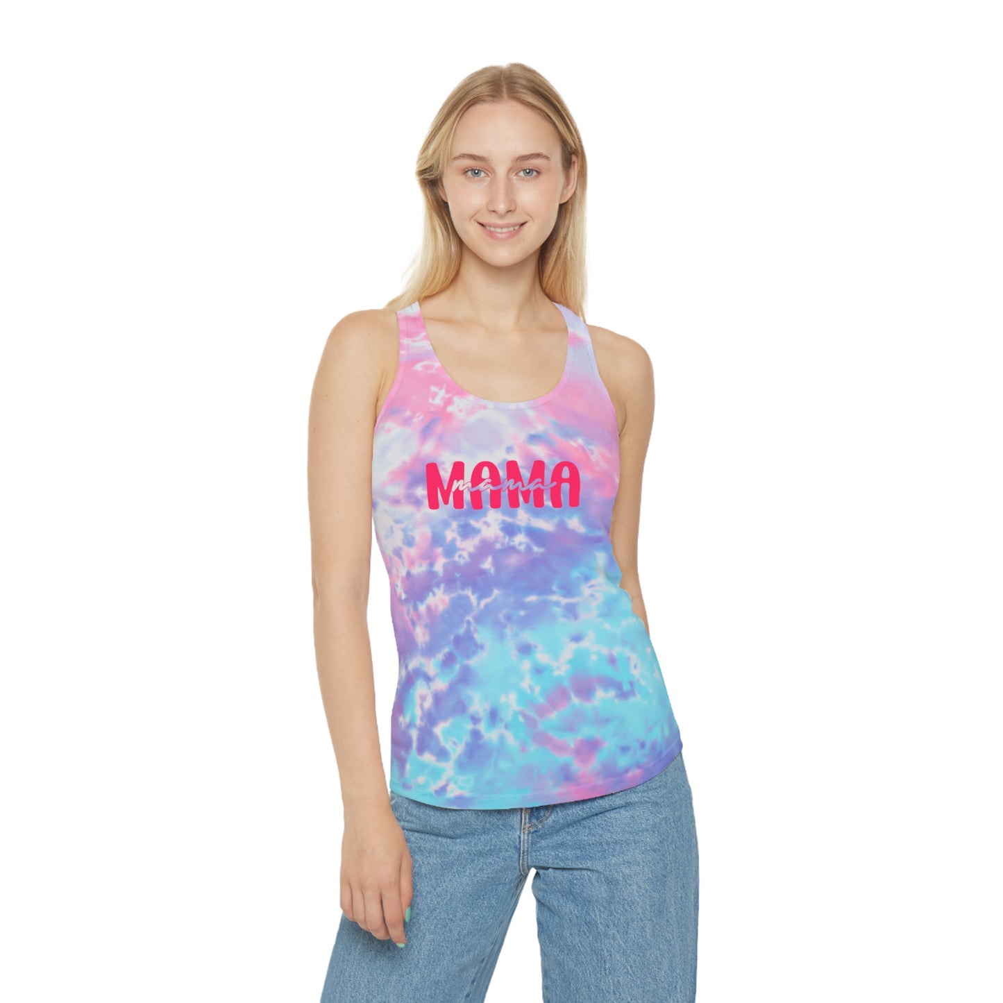 Mama Tie Dye Racerback Tank Top - Fun Summer Top, Gift for Moms, Casual Wear, Festival Style, Beach Vacation Outfit, mother's day - DiRoMi