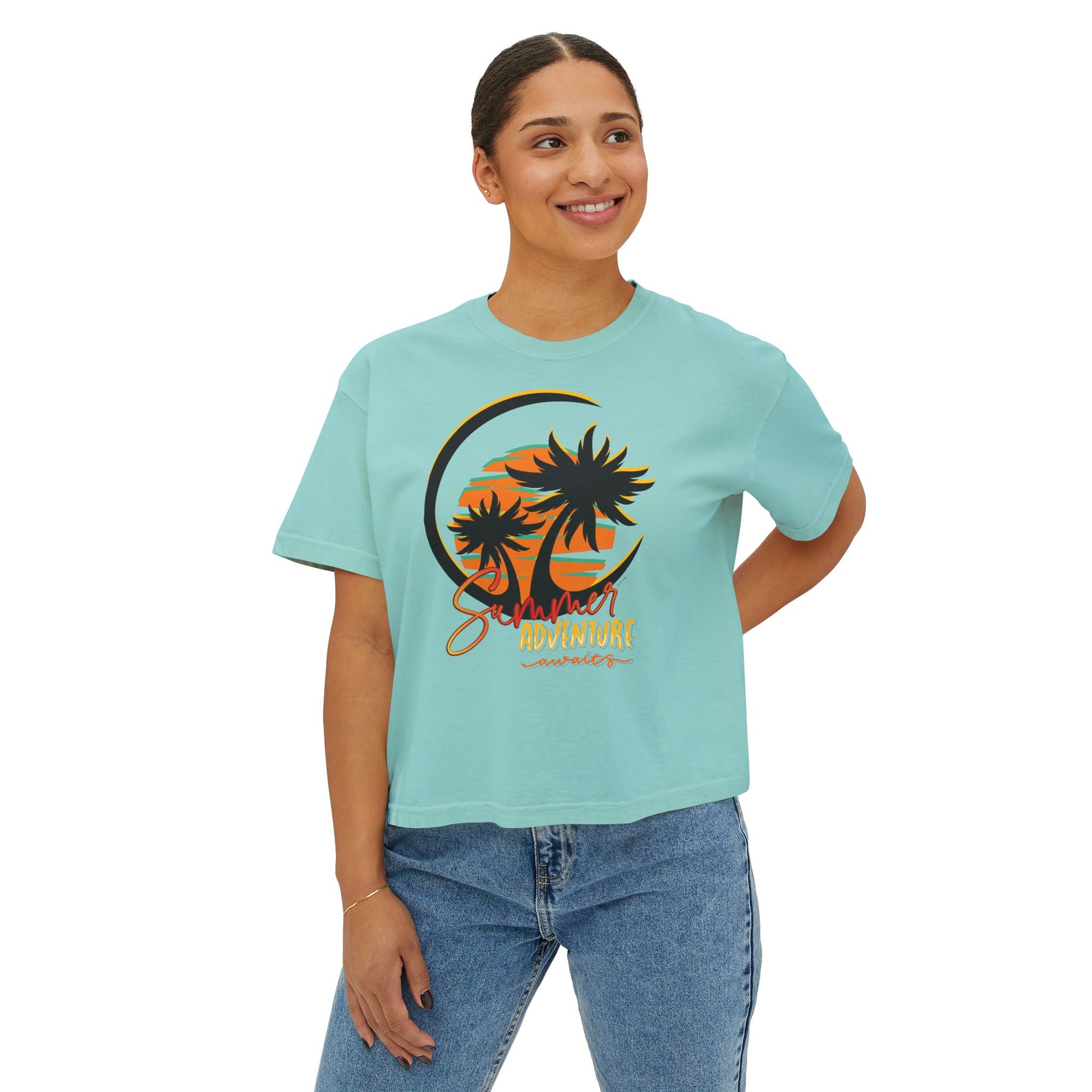 Summer Adventure Boxy Tee, Relaxed Fit Women's Shirt, Boho Chic Top, Casual Beachwear, Gift for Travelers, Vacation Outfit, Teen crop top - DiRoMi